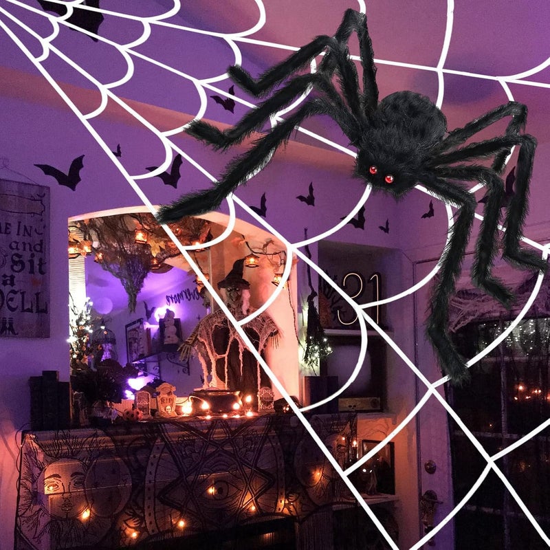 Crogift 200" Halloween Spider Web and 59" Giant Spider Decorations, Scary Fake Spider with Huge Triangular Stretchy Web for Outdoor Yard, Haunted Houses, and Indoor Parties Decor Supplies - Image 4